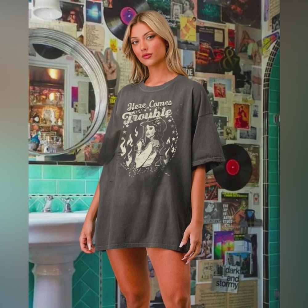 Country Deep Graphic Print Oversized Distressed  T-Shirt “Here Comes Trouble “